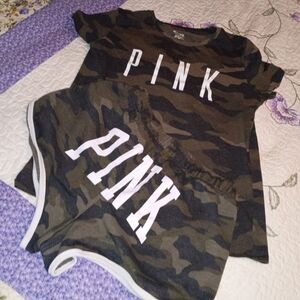 Victoria Secret Pink Top Outfit L VS Booty Short Shorts Camo Shirt Y2K